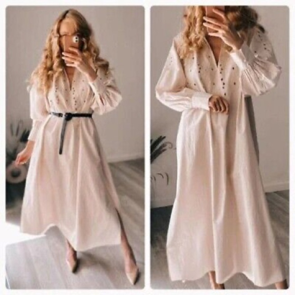 H&M Cream Light Beige Embroidered long sleeve Kaftan Dress  XS Broderie anglaise